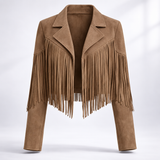 Cropped Suede Fringe Jacket with Notch Collar