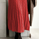 Cable Knit Maxi Sweater Dress with Round Neck and Long Sleeves