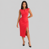 Sleeveless Bodycon Midi Dress with Front Slit and Round Neck