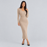 Ribbed Knit Bodycon Maxi Dress with V-Neck