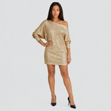 Sequin One-Shoulder Bodycon Mini Dress with Batwing Sleeve