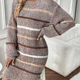 Striped Knit Mini Sweater Dress with Long Sleeves and Round Neck