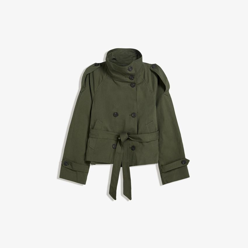 Cropped Jacket with Stand Collar and Double Breasted Button Front