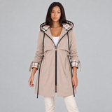 Hooded Long Jacket with Drawstring Waist and Zip Front