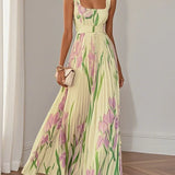 Belted Pleated Maxi Dress with Square Neck and Floral Print