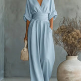 Wide-Leg Jumpsuit with Ruched Waist and Dolman Sleeve