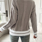 V-Neck Sweater with Cable Knit and Striped Trim