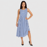Striped A-Line Midi Dress with Round Neck