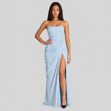 Strapless Ruched Bodycon Maxi Dress with Thigh Slit