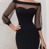 Bodycon Off-Shoulder Midi Dress with Mesh Sleeves