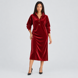 Velvet Collared Midi Dress with Button Front