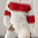 Two Tone Ribbed Knit Sweater with Balloon Sleeves and Ribbed Cuff