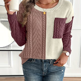 Cable Knit Color Block Sweater with Chest Pocket and Round Neck