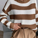 Oversized Chunky Knit Striped Sweater with Round Neck