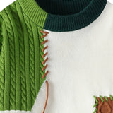 Patchwork Cable Knit Sweater with Round Neck