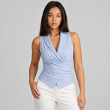 Striped Sleeveless Wrap Blouse with Lapel Collar