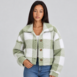 Cropped Plaid Fleece Jacket with Button Front