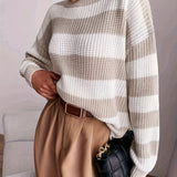 Oversized Chunky Knit Striped Sweater with Round Neck