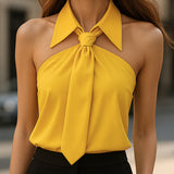 Collared Blouse with Halter Neck and Tie Front