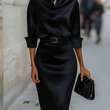 Satin Bodycon Midi Dress with Point Collar and Belt