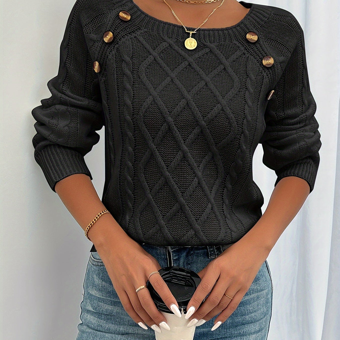 Cable Knit Sweater with Button Trim