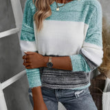 Fuzzy Knit Color Block Sweater with Long Sleeves