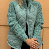 Diamond Quilted Jacket with Cable Knit Sleeves and Zip Front