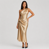 One-Shoulder Draped Satin Midi Dress with Ruched Waist