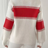 Two Tone Ribbed Knit Sweater with Balloon Sleeves and Ribbed Cuff