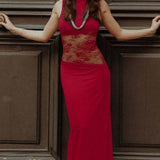 Sleeveless Boat Neck Maxi Dress with Lace Cutout