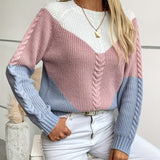 Cable Knit Color Block Sweater with Raglan Sleeves and Round Neck