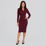 Tailored Wrap Midi Dress with V-Neck and Button Front