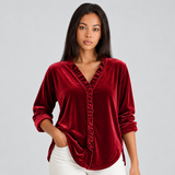 Velvet Blouse with Ruffle Trim and V-Neck