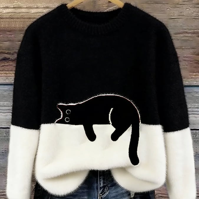 Cat Color block Oversized Fuzzy Knit Sweater