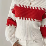 Two Tone Ribbed Knit Sweater with Balloon Sleeves and Ribbed Cuff
