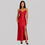 Satin Slip Maxi Dress with V-Neck and Leg Slit