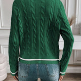 Button Front Cable Knit Cardigan with Ribbed Trim