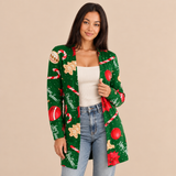 Christmas Cardigan for Women with Candy Cane and Gingerbread Print Long Sleeves Open Front
