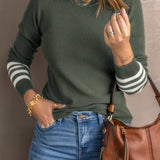 Round Neck Sweater with Striped Sleeves and Ribbed Cuff