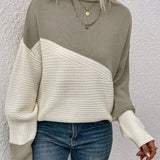 Color Block Ribbed Knit Sweater with Round Neck