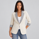 Contrast Trim Blazer with Striped Lapel and Patch Pockets