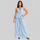 Wide-Leg Pants Set with V-Neck Top and Ruffle Hem