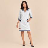 Women's Long Sleeve Polo Mini Dress with Quarter Zipper Collar and Contrast Trim Pockets