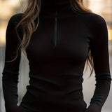 Fitted Ribbed Knit Sweater with Quarter Zip and Mock Neck