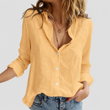 Linen Button-Front Blouse with V-Neck and Long Sleeves