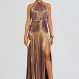 Pleated Halter Maxi Dress with Thigh Slit