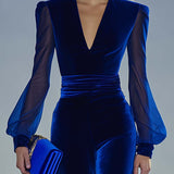 Wide-Leg Velvet Jumpsuit with V-Neck and Mesh Sleeves