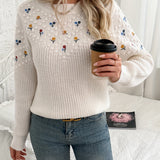 Floral Embroidered Sweater with Round Neck and Ribbed Cuff