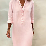 V-Neck Shift Dress with Ruffle Front