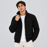 Ribbed Knit Zip-Up Cardigan with Stand Collar